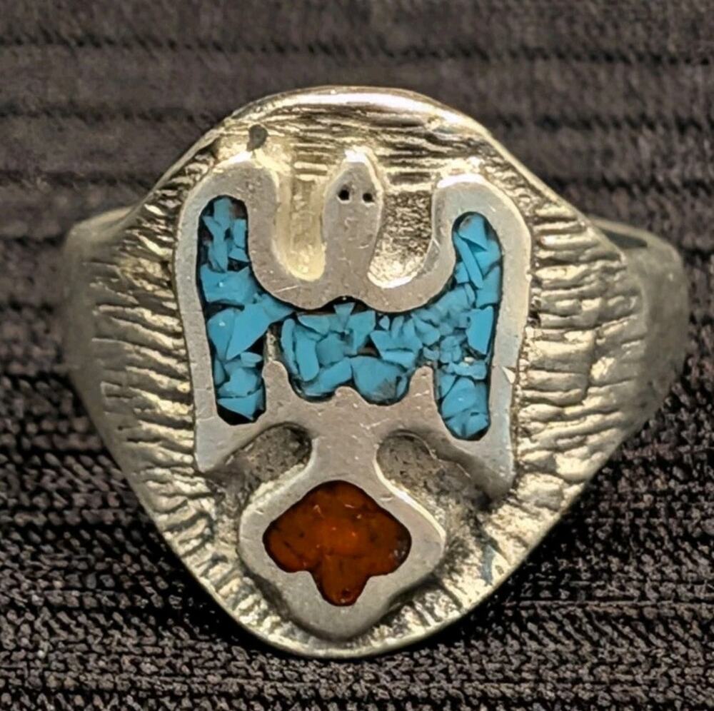Size 8 Native American Thunderbird Ring With Turquoise And Coral Chip Inlay